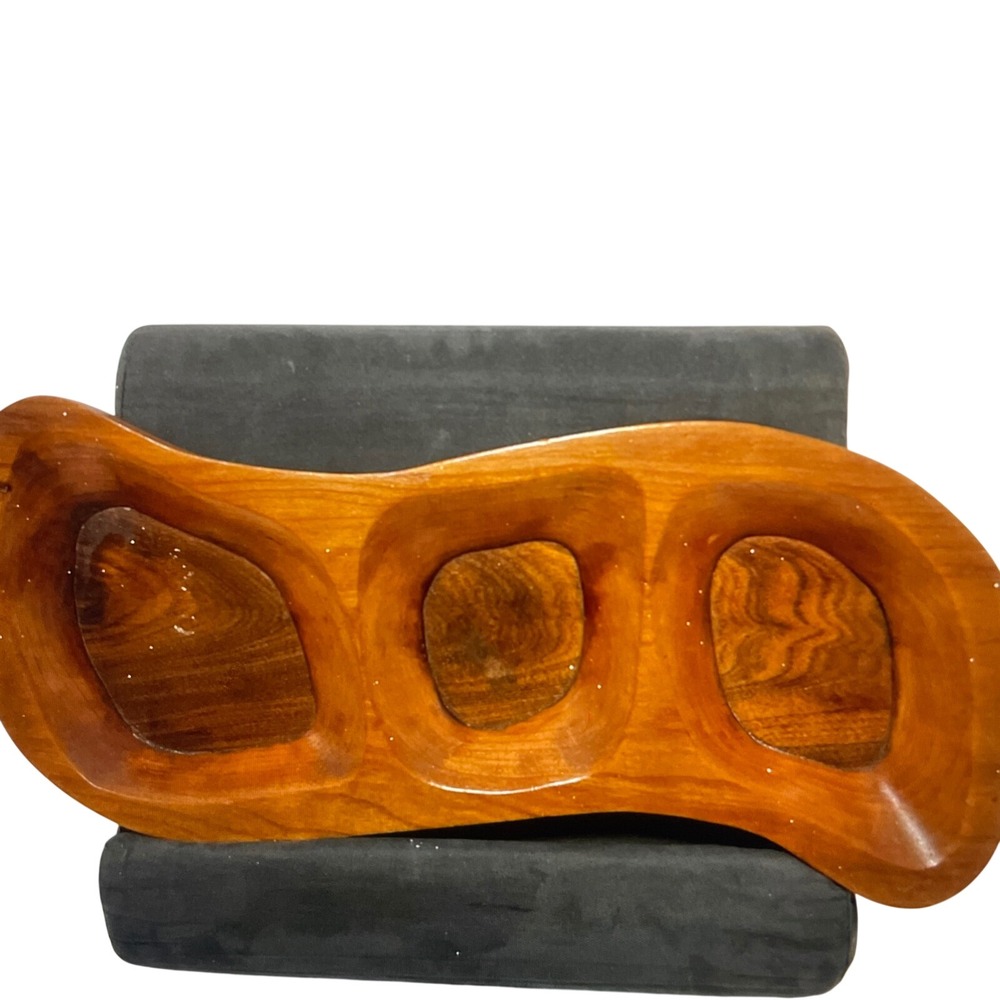 Vintage Hand Carved Wooden Triple Nut Dish Teak Style MCM Boho Tray‎